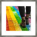 Legs Walking On Gay Rainbow Crosswalk. Framed Print