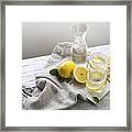 Lemon Water On White Wooden Table. Still Life. Framed Print