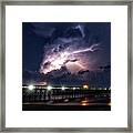 Lightning Over The Pier At Folly Beach Framed Print