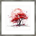 Lone Red Autumn Tree With Splashes Of Vibrant Red Against A White Background And Red Moon Framed Print
