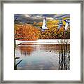 Mallard Ducks Flying Over An Inland Lake In Autumn Framed Print