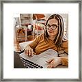 Mature Woman Having Online Consultation With Psychotherapist At Home On Laptop Framed Print