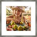 Mixed Race Girl Browsing Produce At Farmers Market Framed Print