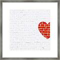 Modern White Color Brick Pattern Wall Texture Grunge Background Xmas Vector Illustration With A Red Colored Heart  Graffiti Graffitied Or Rubber Stamped On Wall Framed Print