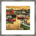 Motif #1 And Lobster Boats At Sunrise In Rockport Harbor Framed Print