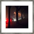 Moving Car And Walkway On Misty Night Framed Print