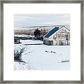 Old White Barn In Snow Framed Print