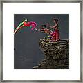 Older Sister With Her Younger Brothers Playing At Blangsinga Waterfall Framed Print