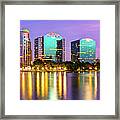 Orlando Skyline Sunset Reflections - Florida Lake Eola Panorama Framed Print