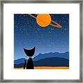 Outer Space Cat Admires Ringed Planet 2 Framed Print