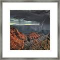 Passing Rain Squalls And Lightning Strikes At Sunset Over Wotans Throne And Vishnu Temple. Framed Print