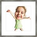 Photo Caricature From A Birdseye View Of A Cute Curly Haired Girl Smiling And Extending Her Hands Upward In A Ta-da Motion Framed Print