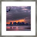 Plane Over Boston Skyline Sunset Framed Print