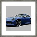 Porsche 911 991 Turbo S Digitally Drawn - Dark Blue With Side Decals Script Framed Print
