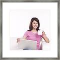 Portrait Of A Woman With A Mug Of Tea And Laptop Framed Print