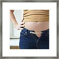 Pregnant Woman Bursting Out Of Jeans Framed Print