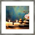 Premium Spa Concept - Massage Stones With Towels And Candles In Natural Background Framed Print