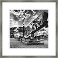 Rays Of Light Over The Cleveland Script Sign On North Coast Harbor - Black And White Framed Print