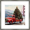 Red Truck Passes The Golden Gate Bridge In San Francisco - Iconic Red Truck Art Framed Print