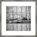 Reflections And Boats At The Harbor In Black And White Framed Print