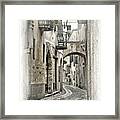 Romantic Picture Of A Couple With Pink Umbrella Under Rain Choosing Meal In Pizzeria Italian Town Framed Print
