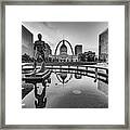 Saint Louis Skyline And Gateway Arch Reflections Over Kiener Plaza Fountain - Black And White Framed Print