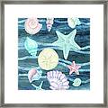 Sea Stars And Shells On Blue Waves Watercolor Beach Art Collection I Framed Print