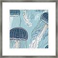 Seamless Pattern With Detailed Transparent Jellyfish. Blue Sea J Framed Print