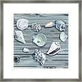 Silver Gray Seashells Heart On Ocean Shore Wooden Deck Beach House Art Framed Print