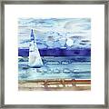 Sky Blue Aqua Sailboat At The Ocean Shore Seascape Painting Beach House Watercolor Framed Print
