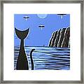 Outer Space Black Cat On Blue Planet Framed Print