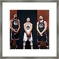 Stephen Curry, Kevin Durant, And Klay Thompson Framed Print