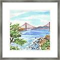 Sunny Day In San Francisco Bay Golden Gate Bridge Watercolor Framed Print
