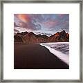 Sunset At Vestrahorn Mountain And Stokksnes Beach Framed Print