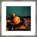 Thanksgiving Composition With Autumn Fruit In Wooden Plate Framed Print