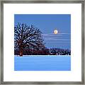 The Winter Blues - Wolf Moonrise With Lone Oak And Wi Dairy Farm Framed Print