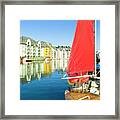 Red Sail On A Traditional Fishing Boat, Alesund, Norway Framed Print