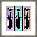 Trio Of Cats Purple, Blue And Pink On Black Framed Print