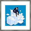 Troubled Businessman Sitting On A Large Pile Of Documents, Under Heavy And Hard Work Pressure Framed Print
