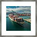 Tug Boat Maneuvering Cargo Ship At Dockside In Port Of Long Beach Framed Print