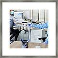 Two People In Office Passing Documents With Keeping A Distance Framed Print
