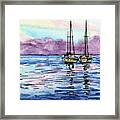 Two Sailboats Resting In The Ocean Purple Clouds Watercolor Beach Art Framed Print