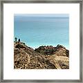 Standing At The Edge Of A Cliff Enjoying Sea. People Hiking Outdoors Framed Print