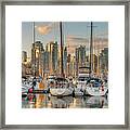 Vancouver Skyline And Sailboats At Dusk Panoramic Framed Print