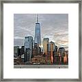 View At Downtown Manhattan With One World Trade Center At Dusk Framed Print