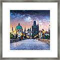 View Of Charles Bridge In Prague At Night With Milky Way. Czech Republic Framed Print