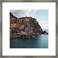 Village Of Manarola With Colourful Houses At The Edge Of The Cliff Riomaggiore, Cinque Terre, Liguria, Italy Framed Print