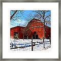 Vintage Red Barn In Snow Framed Print