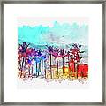 Watercolor Painting Illustration Of Miami Beach Ocean Drive Panorama With Hotels And Restaurants At Sunset Framed Print