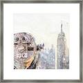 Watercolor Painting Illustration Of Panorama With Binoculars Looking At Skyline In Midtown Manhattan, New York City, Usa Framed Print